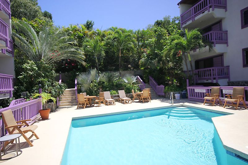 The pool is conveniently located between the two buildings that comprise Lavender Hill Estates