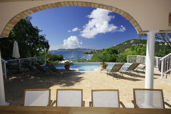 Solare has a beautiful view that overlooks Great Cruz Bay Harbor, with St. Thomas in the distance
